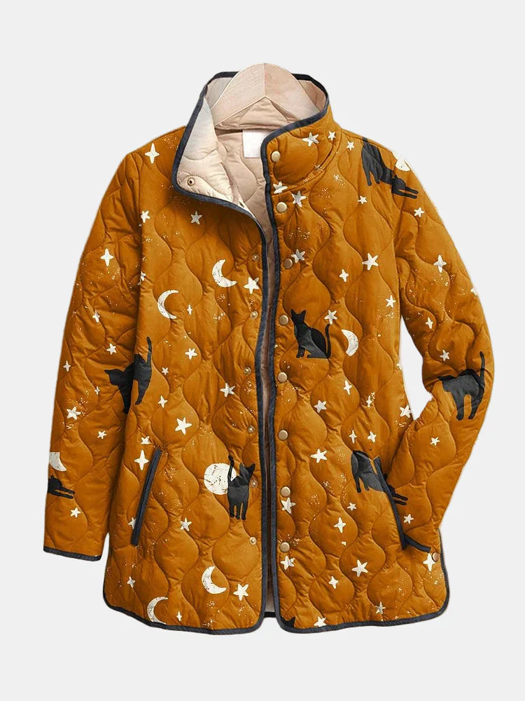 Maja | Casual Czarna Kot Print Pikowana Kurtka