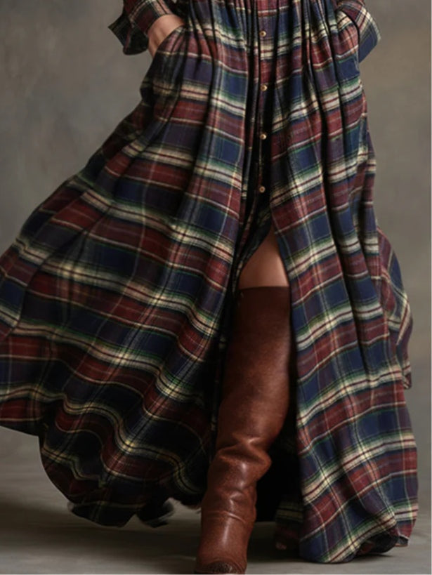 Bianca | Długa Sukienka w Kratę z Paskiem